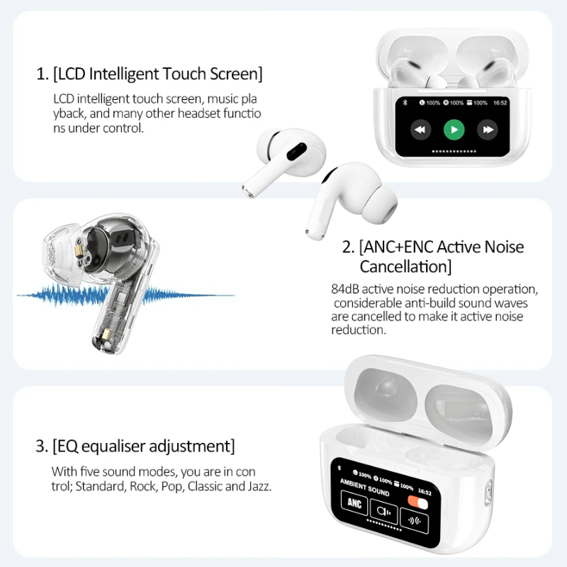 TouchPods S10 Pro ANC/ENC bezdrátová Bluetooth sluchátka, LCD dotykový displej, aktivní potlačení hluku, inteligentní AI překladač
