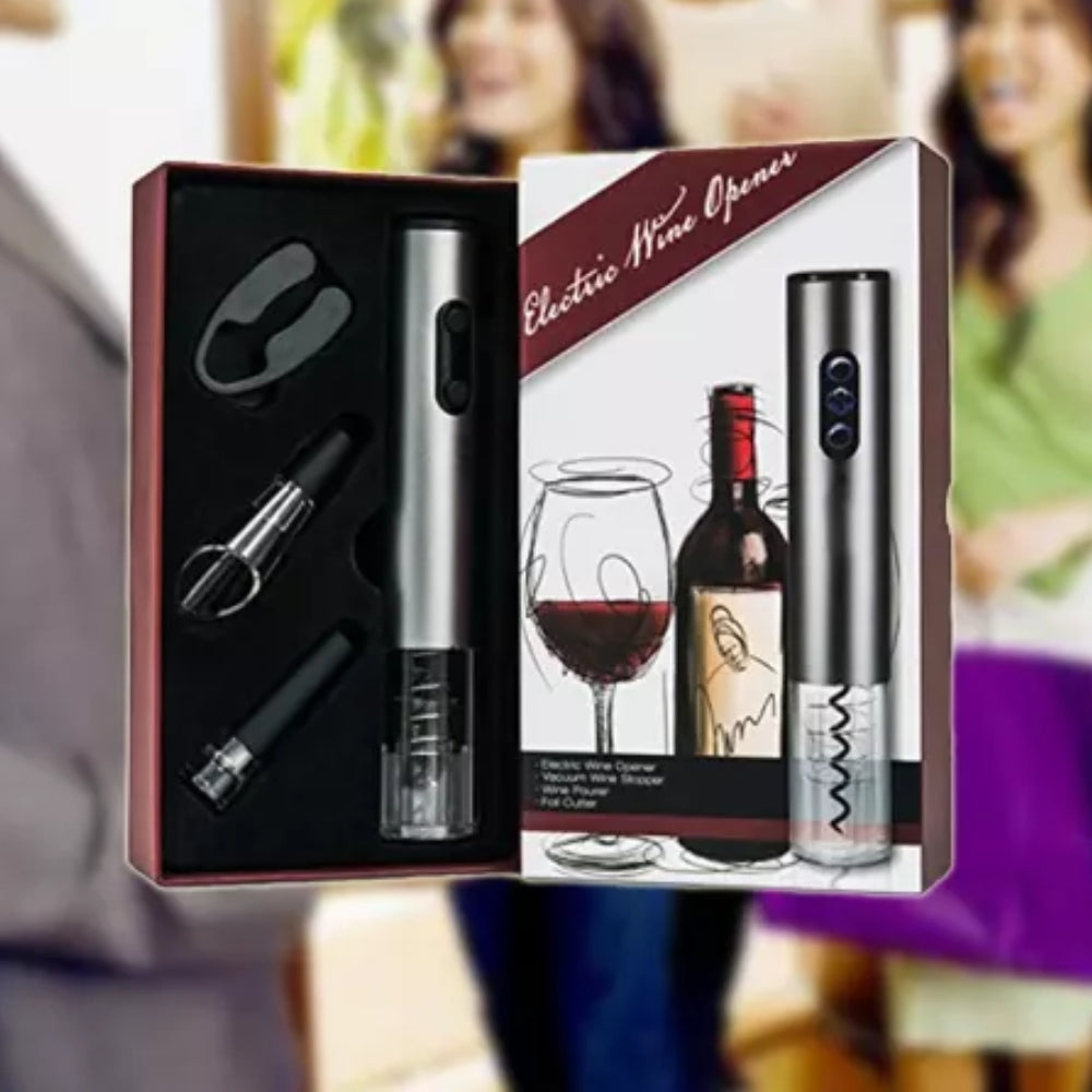 Sada 4v1 na víno, elektrický otvírák, vakuová zátka, provzdušňovač a nůž na fólii