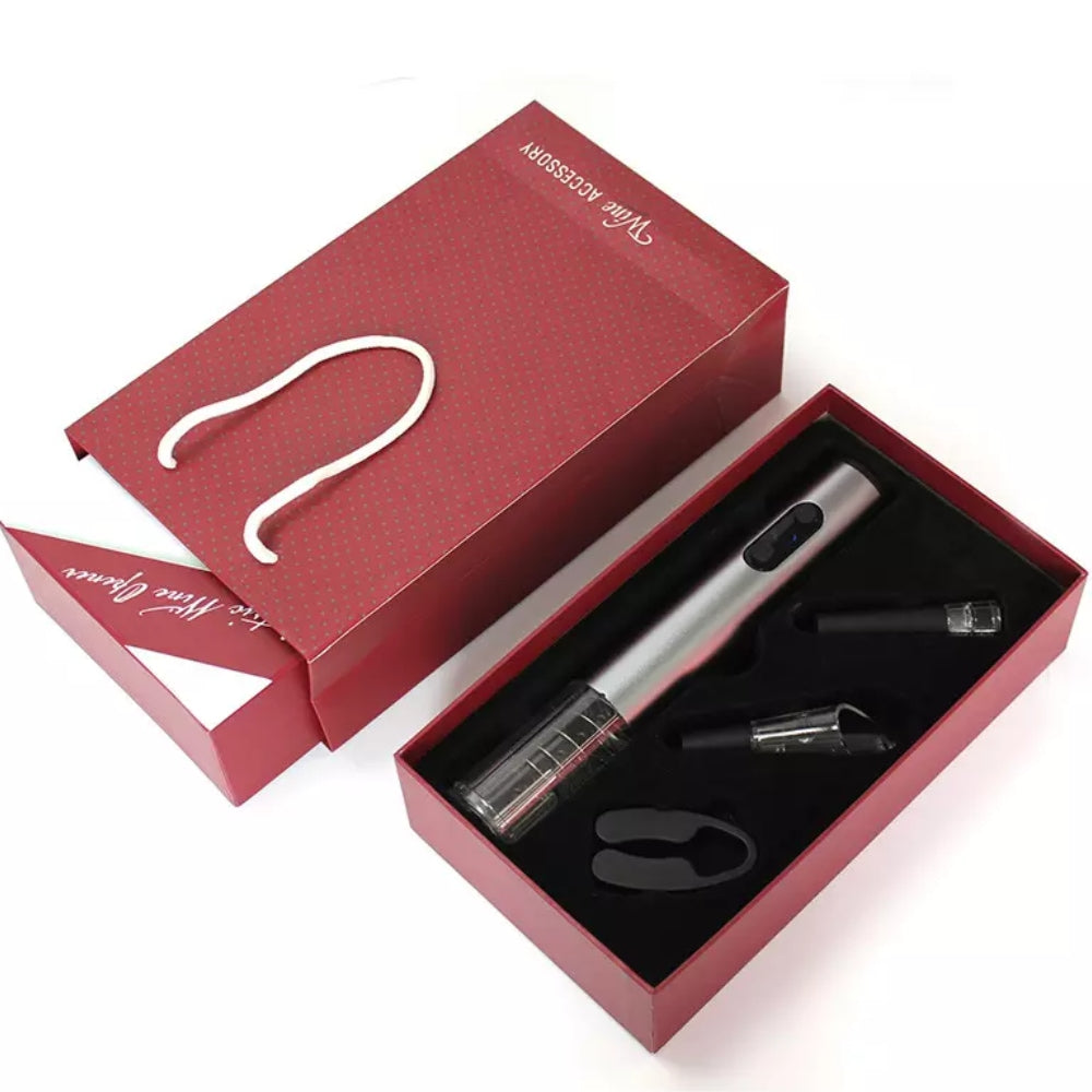 Sada 4v1 na víno, elektrický otvírák, vakuová zátka, provzdušňovač a nůž na fólii