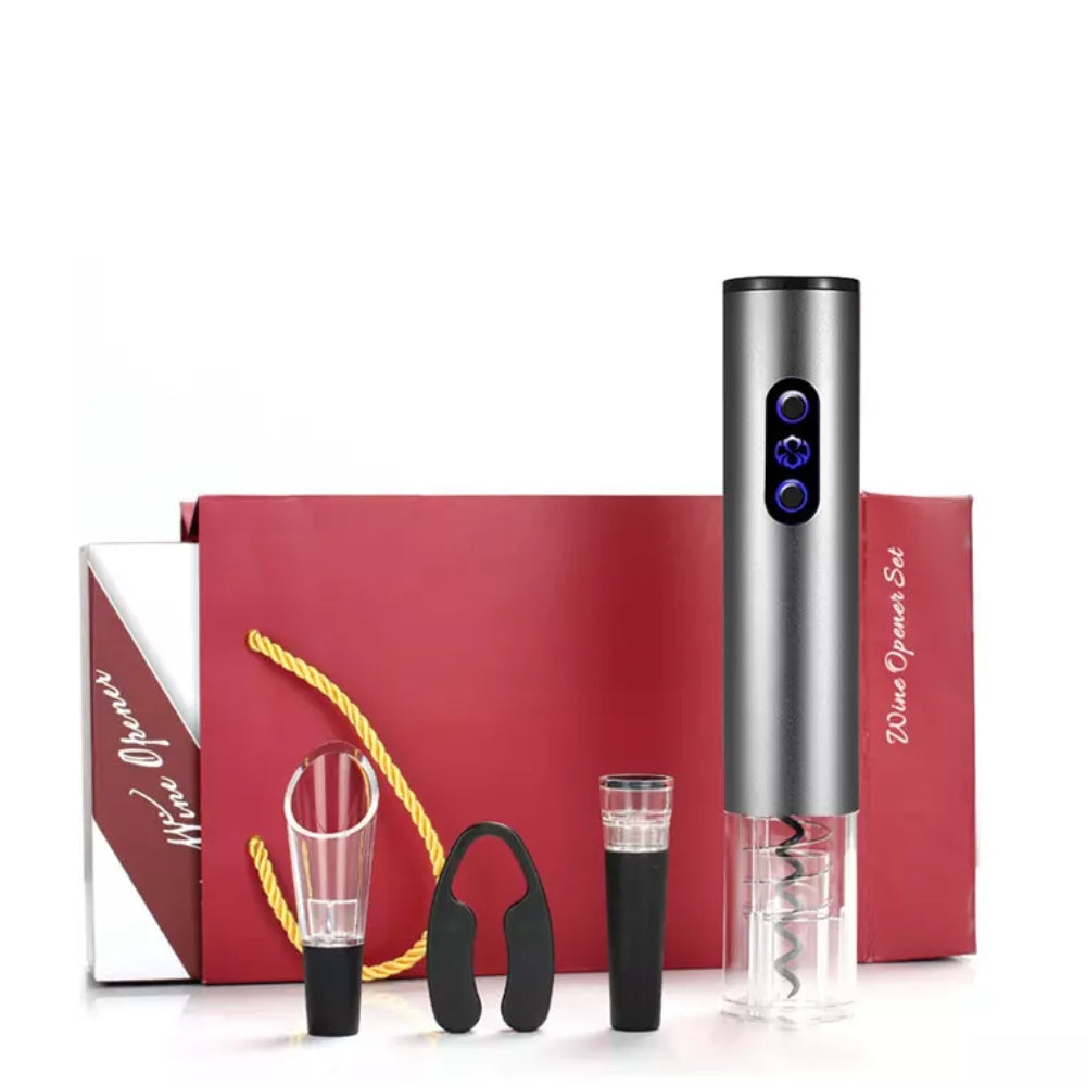 Sada 4v1 na víno, elektrický otvírák, vakuová zátka, provzdušňovač a nůž na fólii