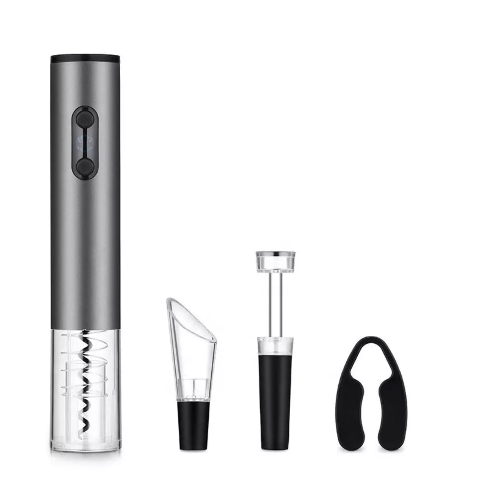 Sada 4v1 na víno, elektrický otvírák, vakuová zátka, provzdušňovač a nůž na fólii