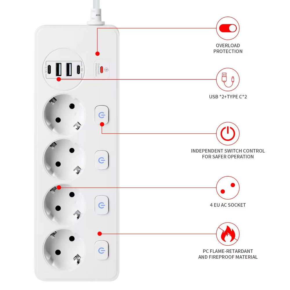 Prodlužovací kabel s přepěťovou ochranou, vypínač, 4 x Schuko, 2 x USB-A, 2 x USB-C