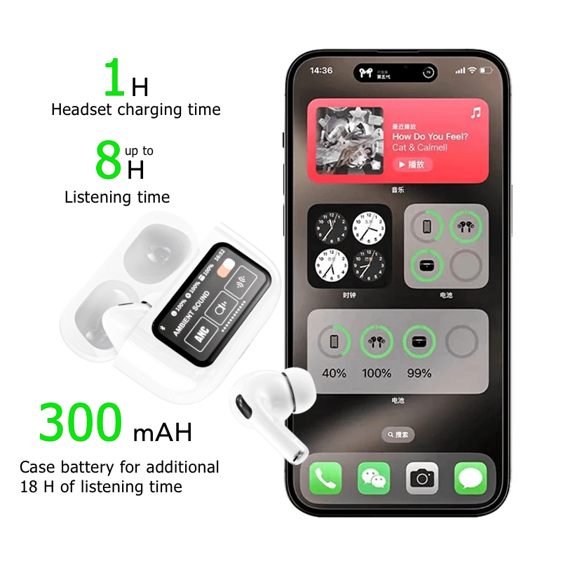 TouchPods S10 Pro ANC/ENC bezdrátová Bluetooth sluchátka, LCD dotykový displej, aktivní potlačení hluku, inteligentní AI překladač